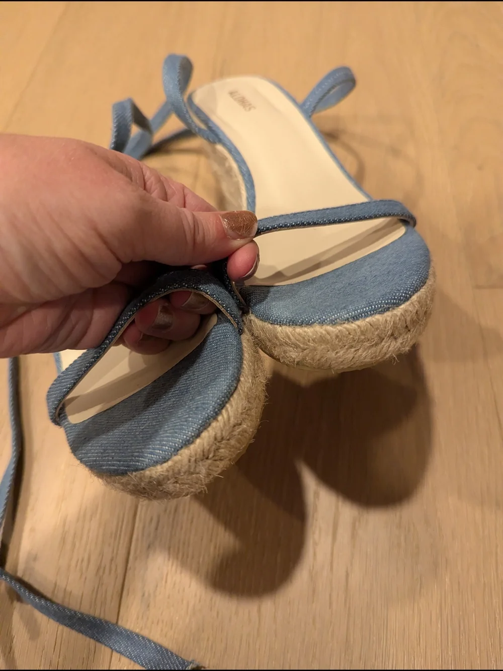 ALOHAS Blue Denim Wedge Espadrille Sandals with Lace-Up Ankle Tie